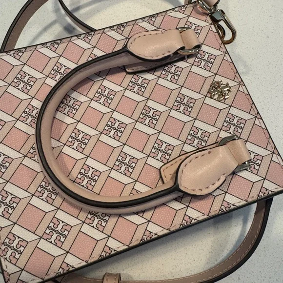 Pink Patterned Mini Tote Crossbody Bag - Designer Logo Accent - Picture 5 of 8